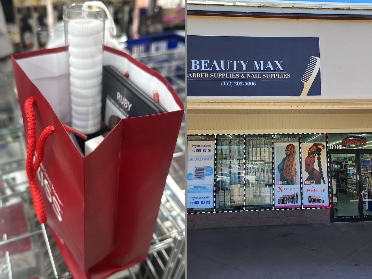 Beauty supply shelves with wigs, cosmetics, and hair products.