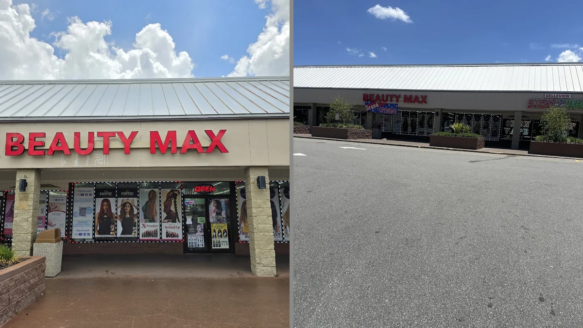 Organized store aisle with nails, eyelashes, and hair chemicals.